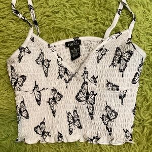 white tank crop top with black butterflies